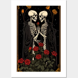 two skeletons in black robe holding each other hands Posters and Art